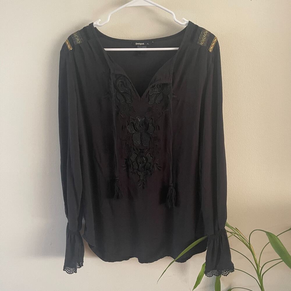 Desigual Womens XL Embroidered Peasant Top Black Floral Poet Sleeves Boho Blouse